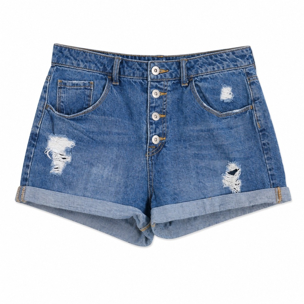 Forever 21 Womens Distressed High Waisted Denim Shorts Blue Button Fly Size 31